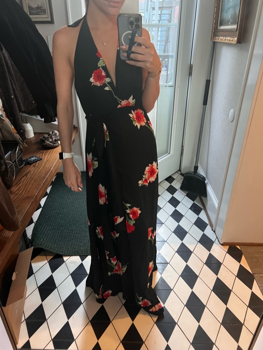Black Floral Halter Maxi Wrap Dress with Red Flowers